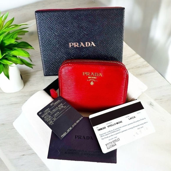 Authentic PRADA Cherry Red Saffiano Leather Card & Coin Holder with Box - Picture 12 of 16